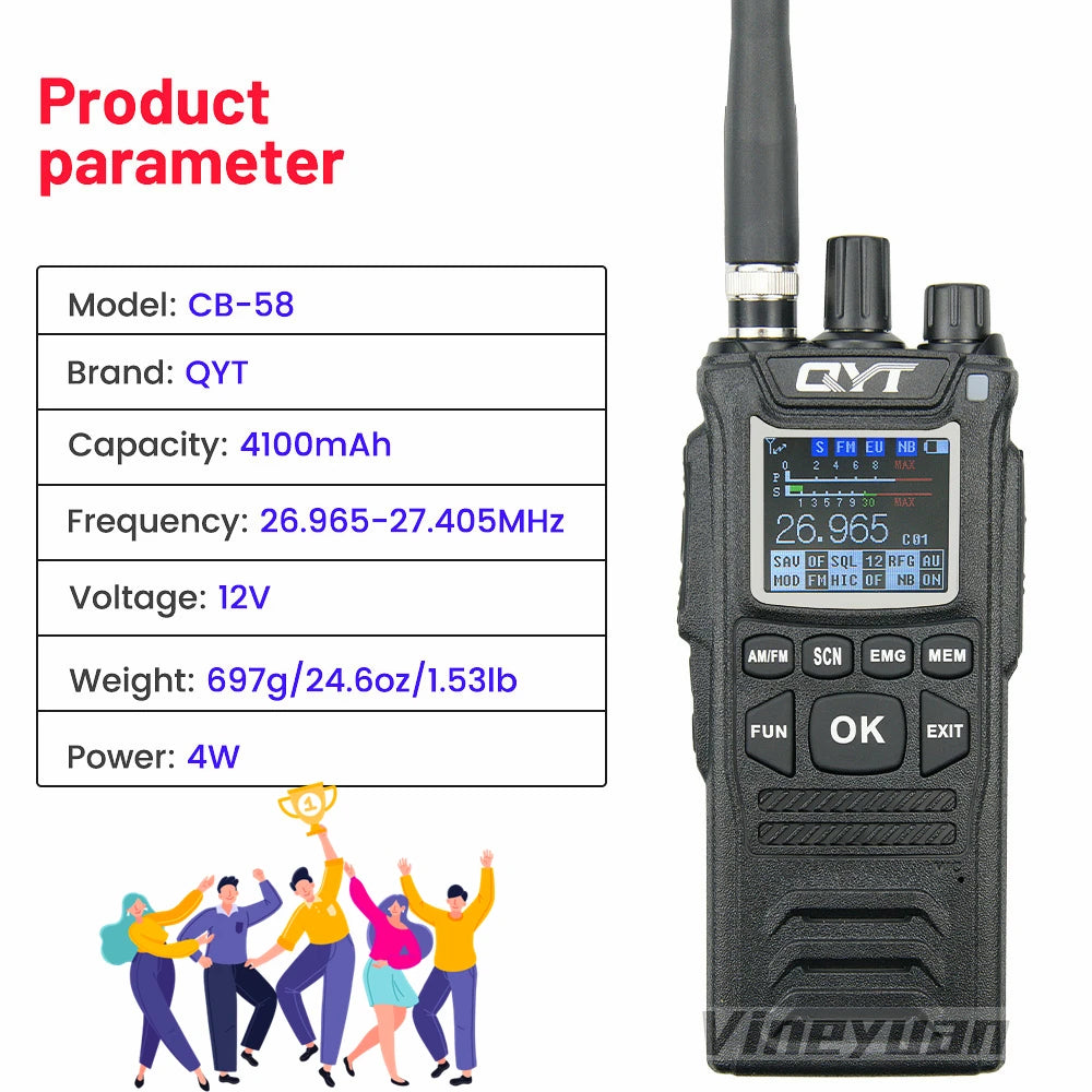 Original QYT CB Radio 27MHz QYT CB-58 26.965-27.405MHz FM AM Mode Citizen Band Radio CB58 4W Handheld Walkie Talkie With 4000mAh