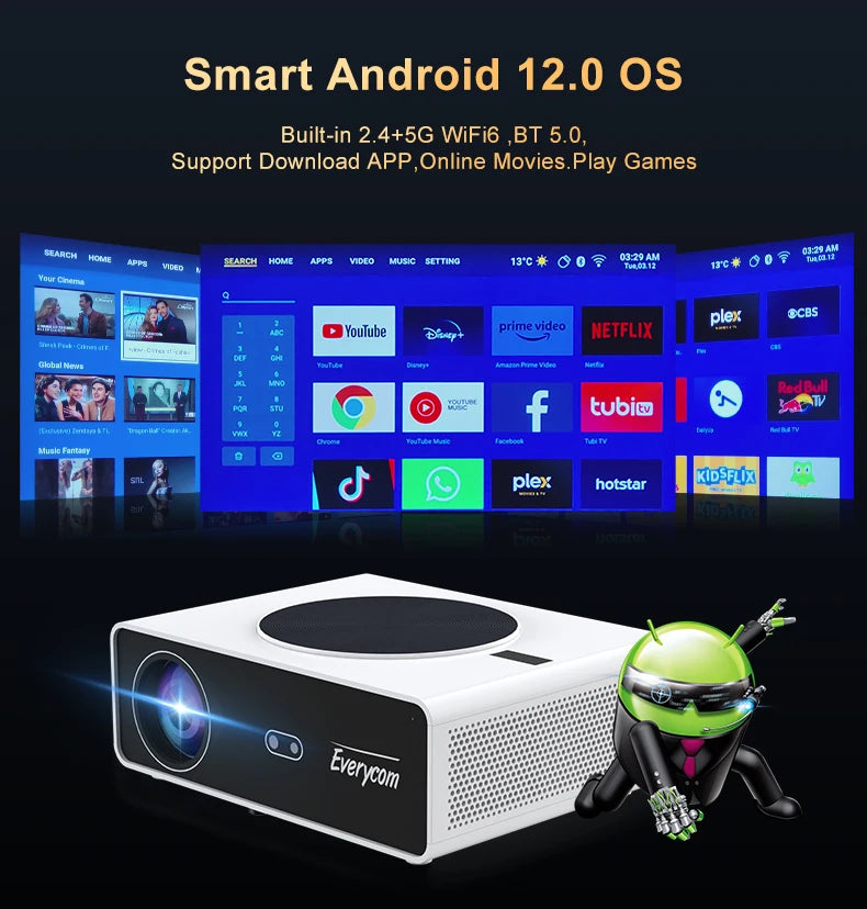 Everycom Q10W  Max Best Android 12 Auto Focus Wifi  Cinema Led Video Beamer 4k Projector Smart 1080P Home Theater Projector