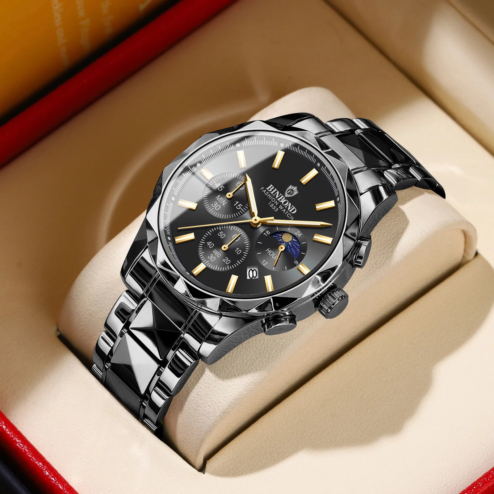 Binbond B0380 0380 Luxury Stainless Steel Strap Luminous Hands Men Quartz Wristwatch Waterproof Business Casual Men's Watches