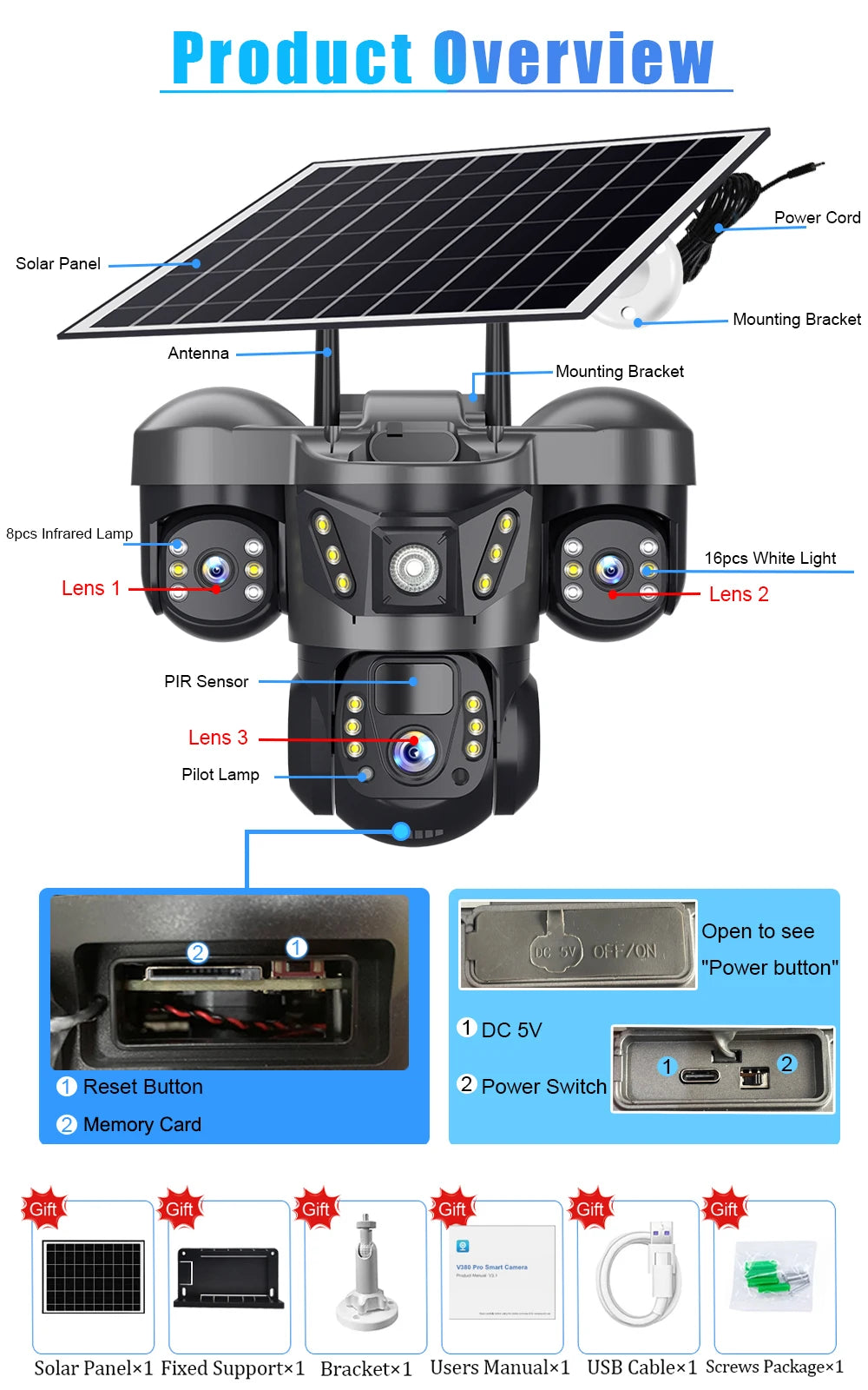 WiFi Solar Outdoor Surveillance Camera PIR Humanoid Auto Tracking Security Cameras Smart Home Protection PTZ Wireless IP CCTV