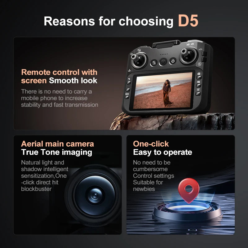 2026 New D5 Drone 4K Professional HD Dual Camera Brushless Obstacle Avoidance Foldable With Screen Control Quadcopters RC Drones