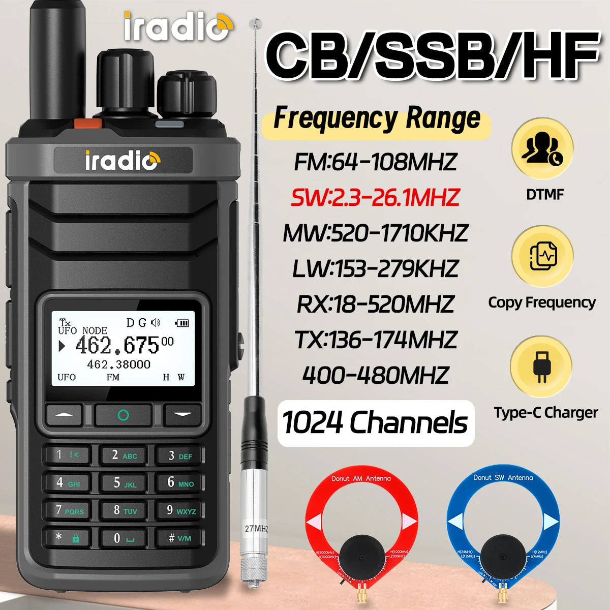 Iradio UV-88 Ham Radio with Short Wave HF SSB CB RX Dual Band Walkie Talkie AM USB LSB CW 1024 Channels Type-C Battery Radio