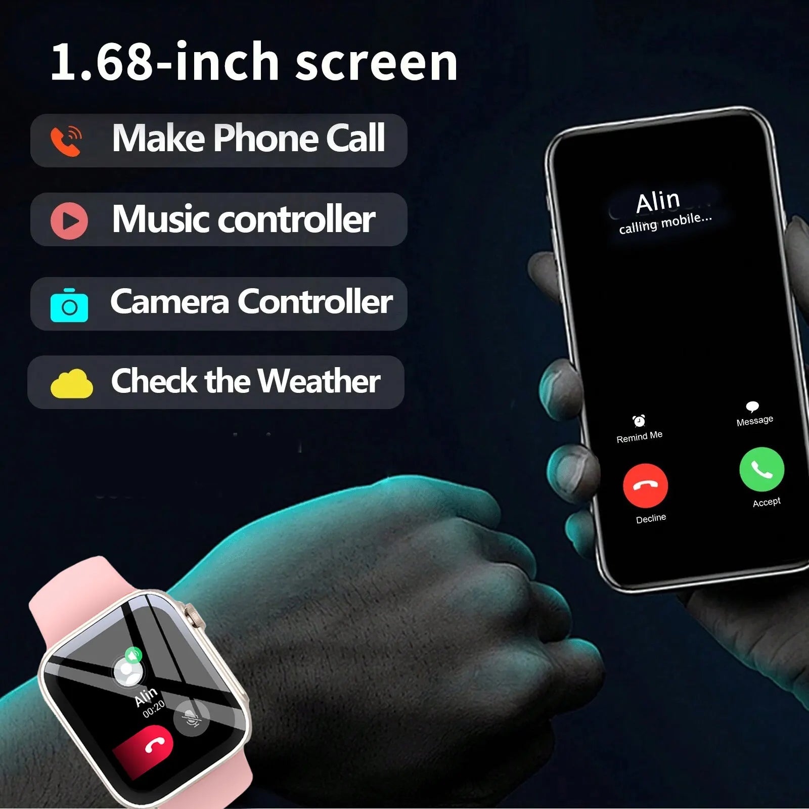 Smart Watch with 2.01-Inch HD Display – Wireless Calling/Dialing, Alarm/Message Notifications, Fitness Tracking, Music Control.