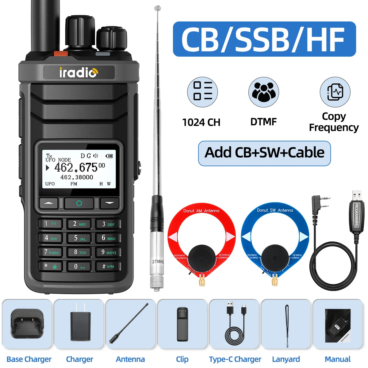 Iradio UV-88 Ham Radio with Short Wave HF SSB CB RX Dual Band Walkie Talkie AM USB LSB CW 1024 Channels Type-C Battery Radio