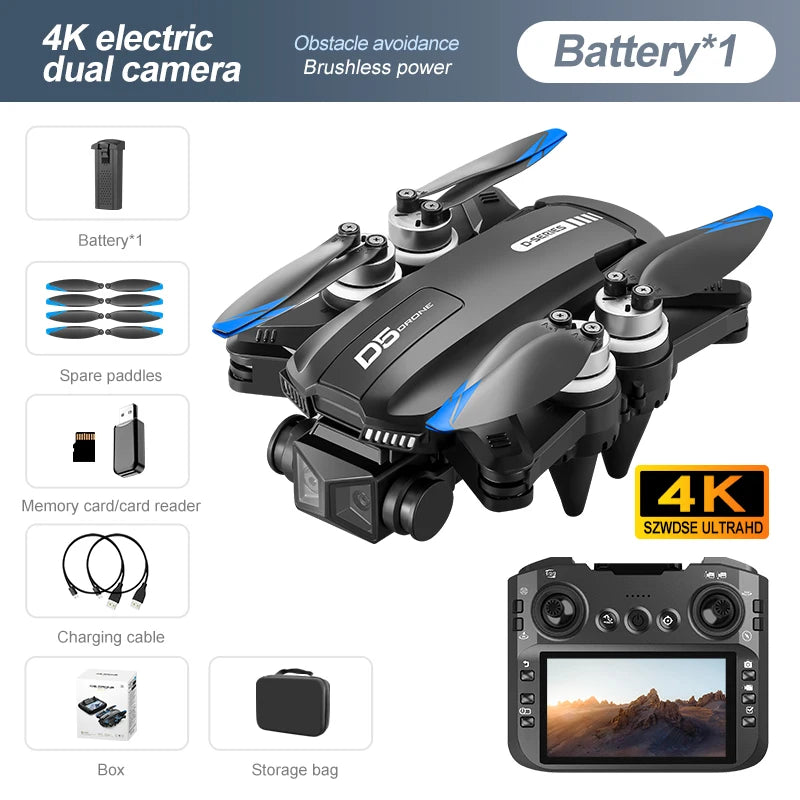 2026 New D5 Drone 4K Professional HD Dual Camera Brushless Obstacle Avoidance Foldable With Screen Control Quadcopters RC Drones
