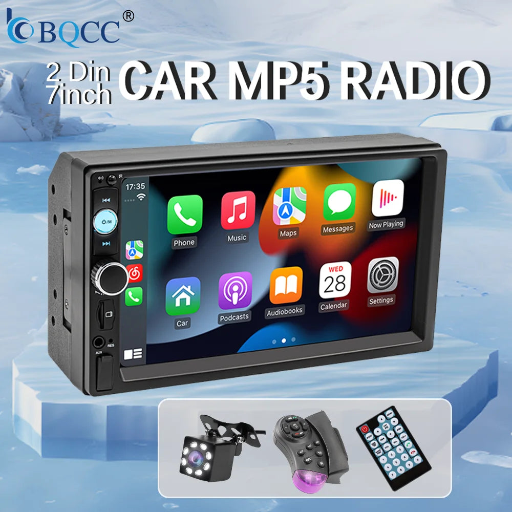BQCC 7'' Car Radio 2din HD Touchscreen MP5 Player Bluetooth 12V FM ISO Power Auxiliary Input Mirror Link Multimedia Player