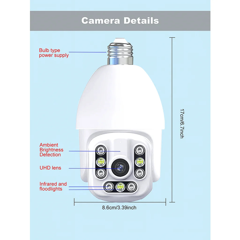 5G WiFi Security Camera Light Bulb - 9-LED Night Vision, Light Socket Powered