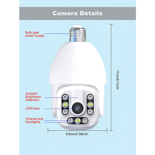 5G WiFi Security Camera Light Bulb - 9-LED Night Vision, Light Socket Powered