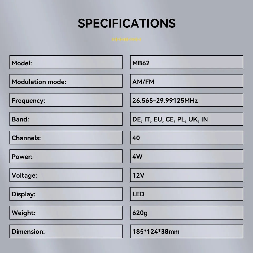 Retevis MB62 CB Radio 27Mhz FM/AM 40-Channel 4W CB Mobile Radio for EU PL DE CE UK IN US IT Countries