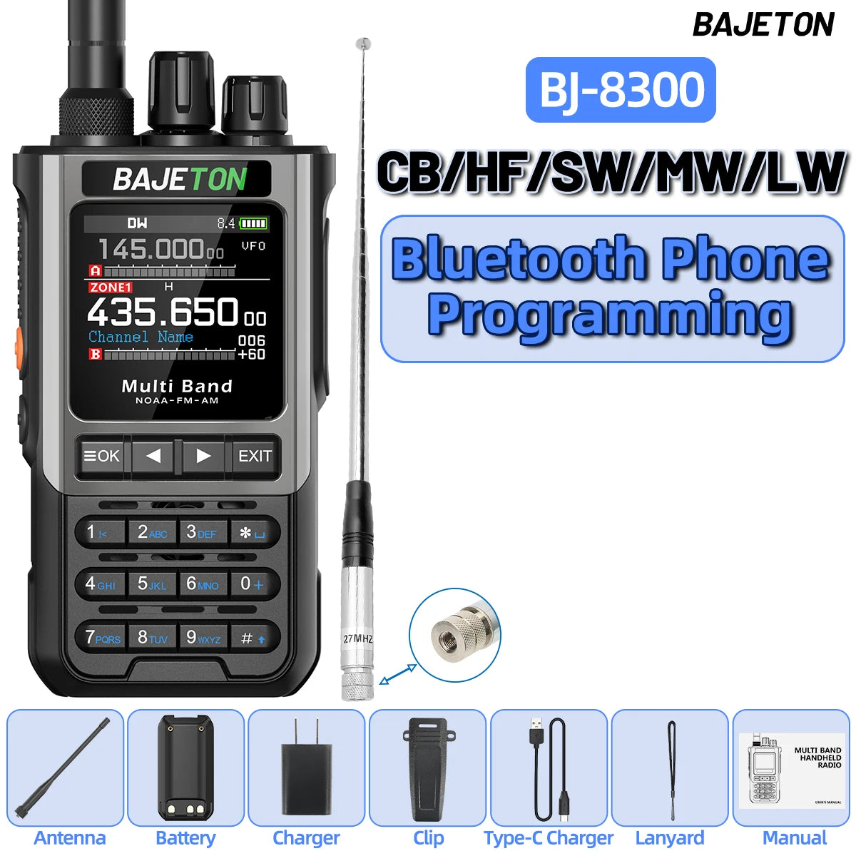 BAJETON BJ-8300 Ham Radio SW AM SSB CB Amateur Wireless Bluetooth Phone Programming Walkie Talkie NOAA Handheld Two Way Radio