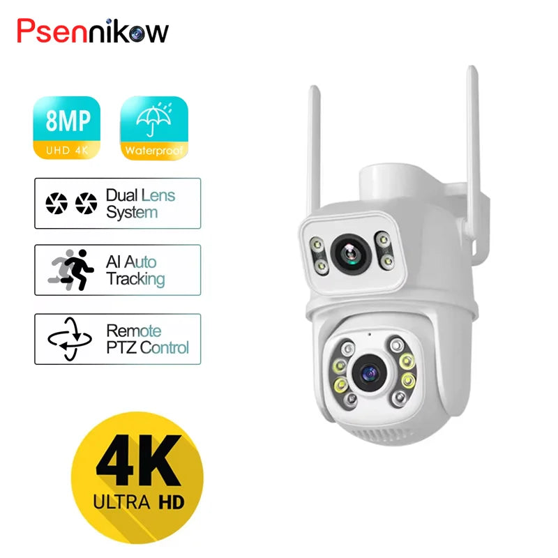 WIFI IP Wireless Security Camera 4K 8MP PTZ Dual Lens Dual Screen Outdoor HD AI Human Detection Auto Tracking CCTV Surveillance
