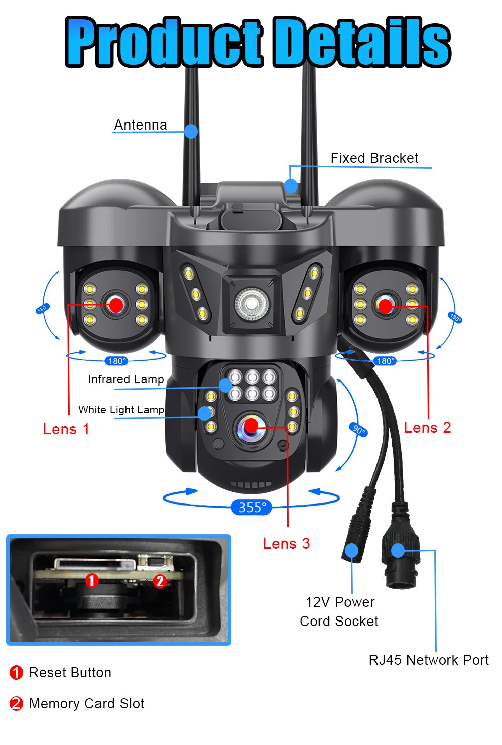 WiFi Security Camera 3 Lens Outdoor Protection 15MP HD Night Vision PTZ Rotate CCTV Cameras Motion Detection Video Surveillance
