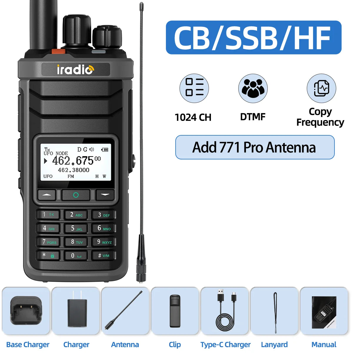 Iradio UV-88 Ham Radio with Short Wave HF SSB CB RX Dual Band Walkie Talkie AM USB LSB CW 1024 Channels Type-C Battery Radio