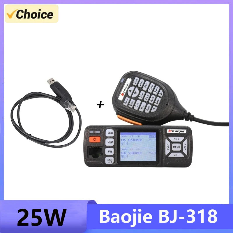 Baojie BJ-318 Mini Car Radio Station 256CH Tri-Power 25W VHF/UHF Dual Band Mobile Radio CB Transceiver Long Range Walkie Talkie