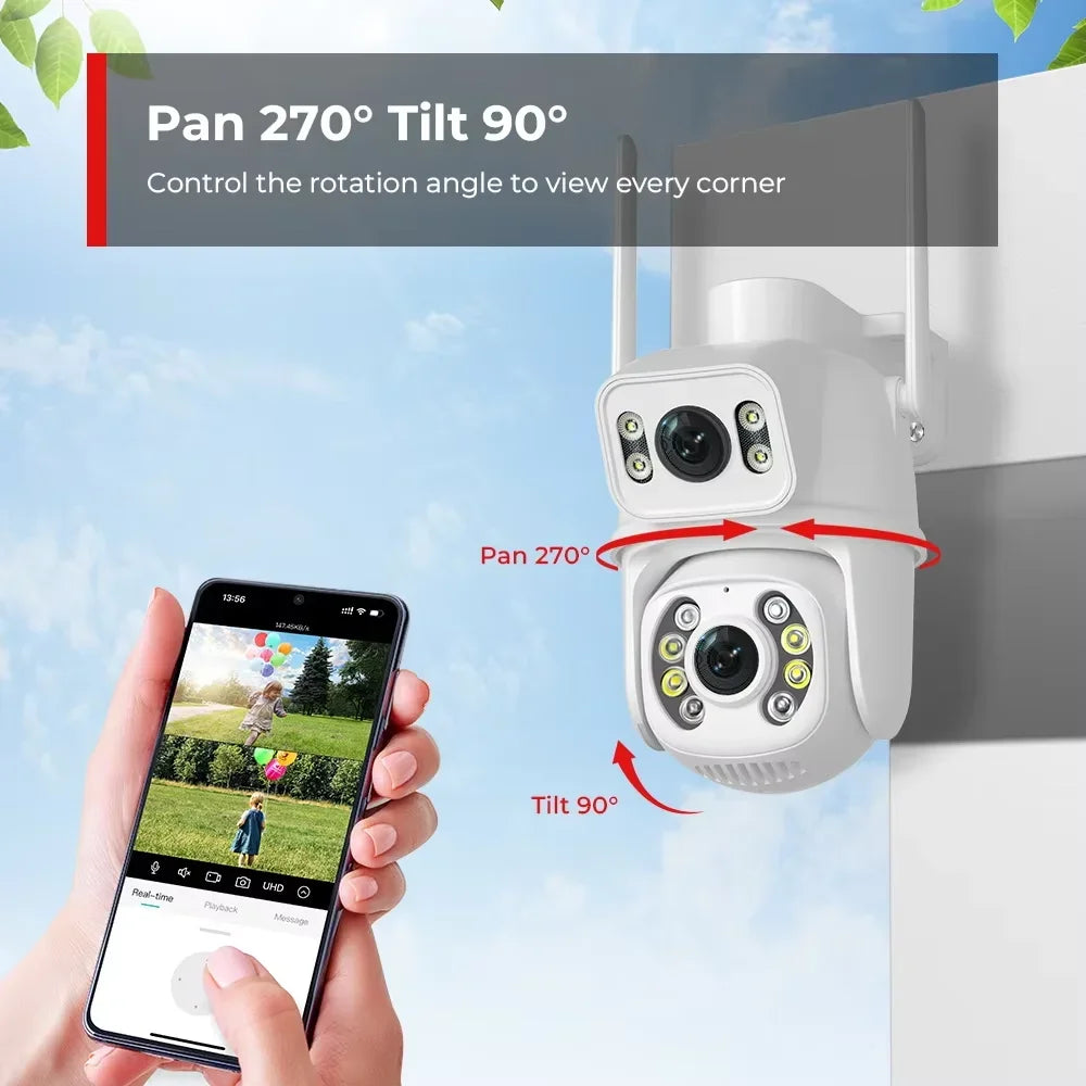 WIFI IP Wireless Security Camera 4K 8MP PTZ Dual Lens Dual Screen Outdoor HD AI Human Detection Auto Tracking CCTV Surveillance