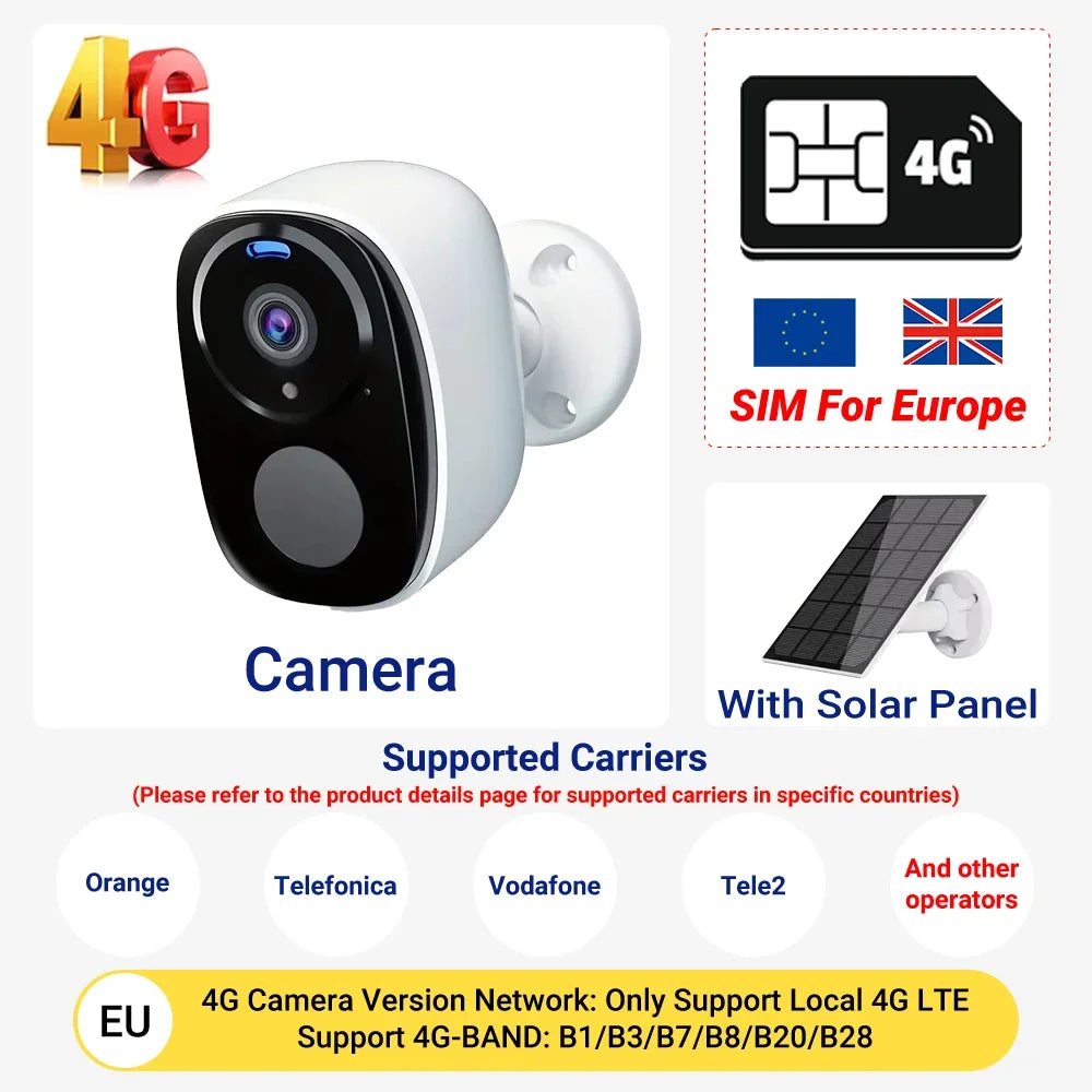 2K 4G Solar Security Camera WiFi Outdoor PIR Motion Detection Color Night Vision Waterproof Battery Powered 2-Way Audio Home