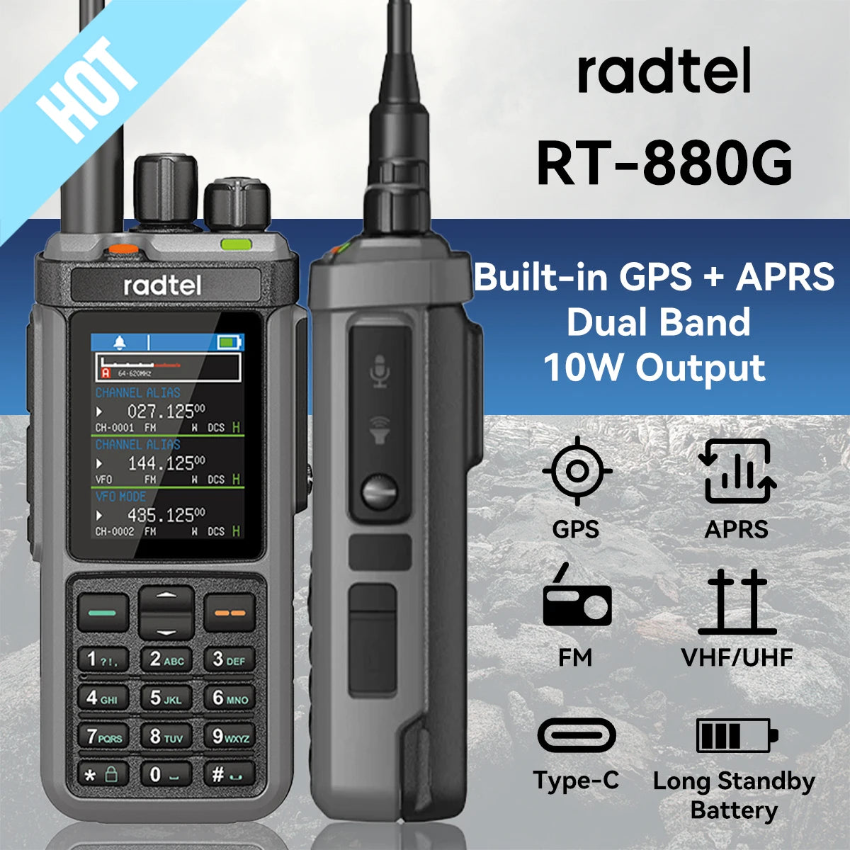 Radtel RT-880G CB Radio 10w all  band ham radio with APRS and GPS functions. It covers HF, UHF, and VHF bands and UHF band