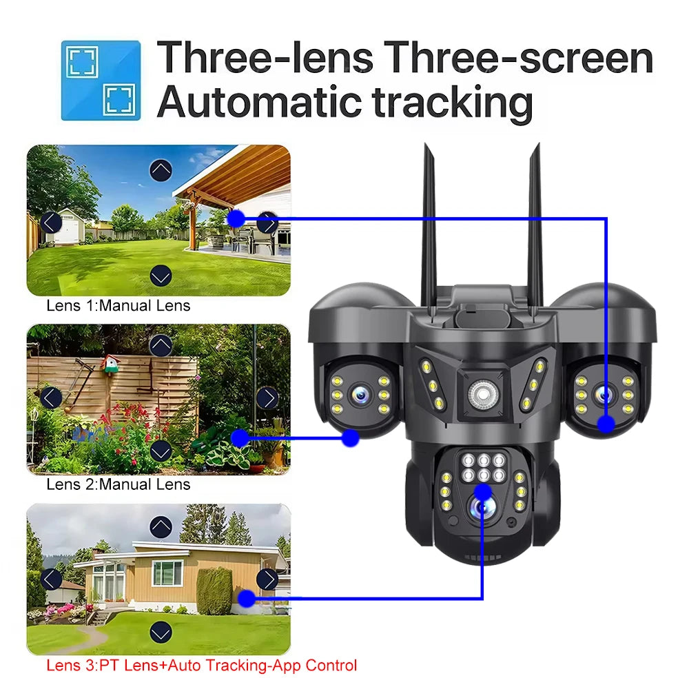 WiFi Security Camera 3 Lens Outdoor Protection 15MP HD Night Vision PTZ Rotate CCTV Cameras Motion Detection Video Surveillance