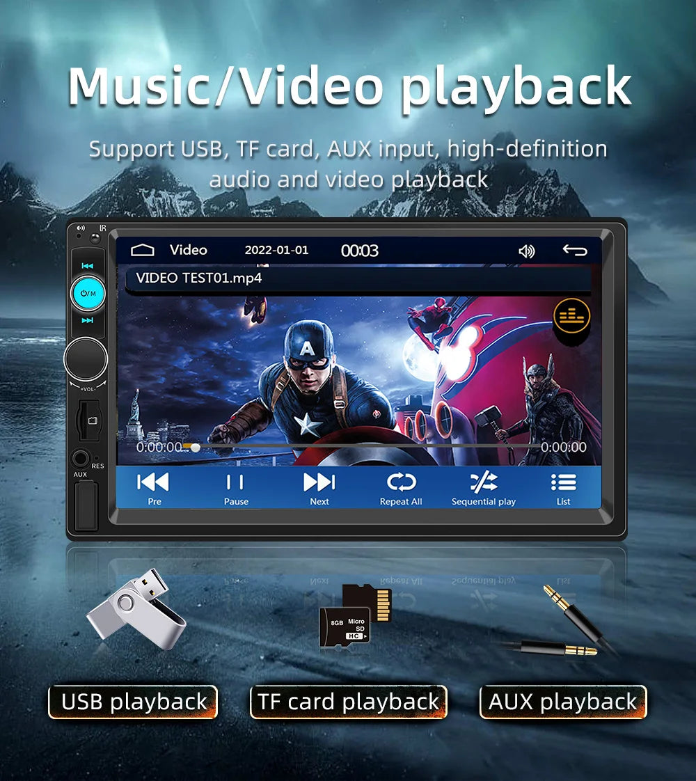 BQCC 7'' Car Radio 2din HD Touchscreen MP5 Player Bluetooth 12V FM ISO Power Auxiliary Input Mirror Link Multimedia Player