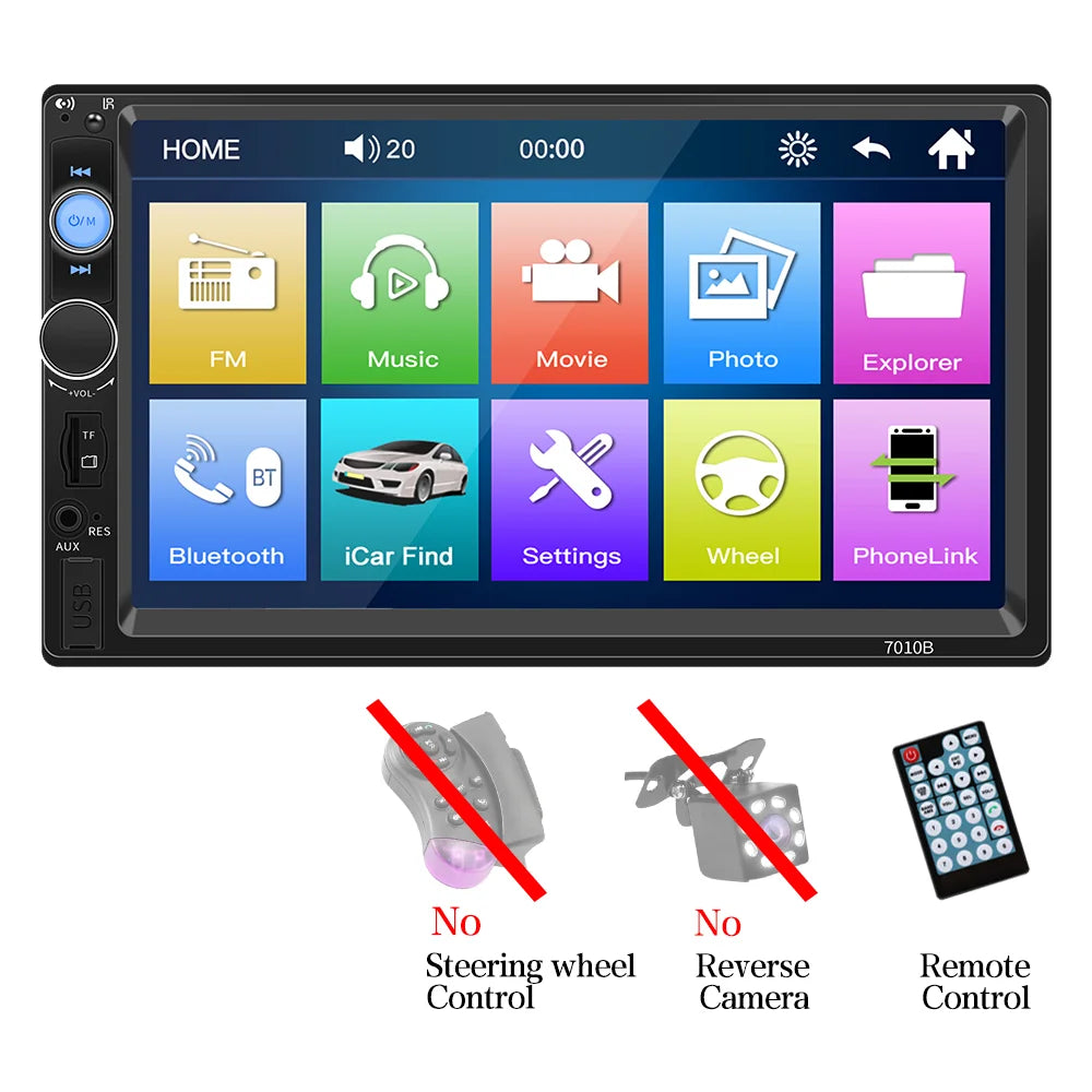 BQCC 7'' Car Radio 2din HD Touchscreen MP5 Player Bluetooth 12V FM ISO Power Auxiliary Input Mirror Link Multimedia Player