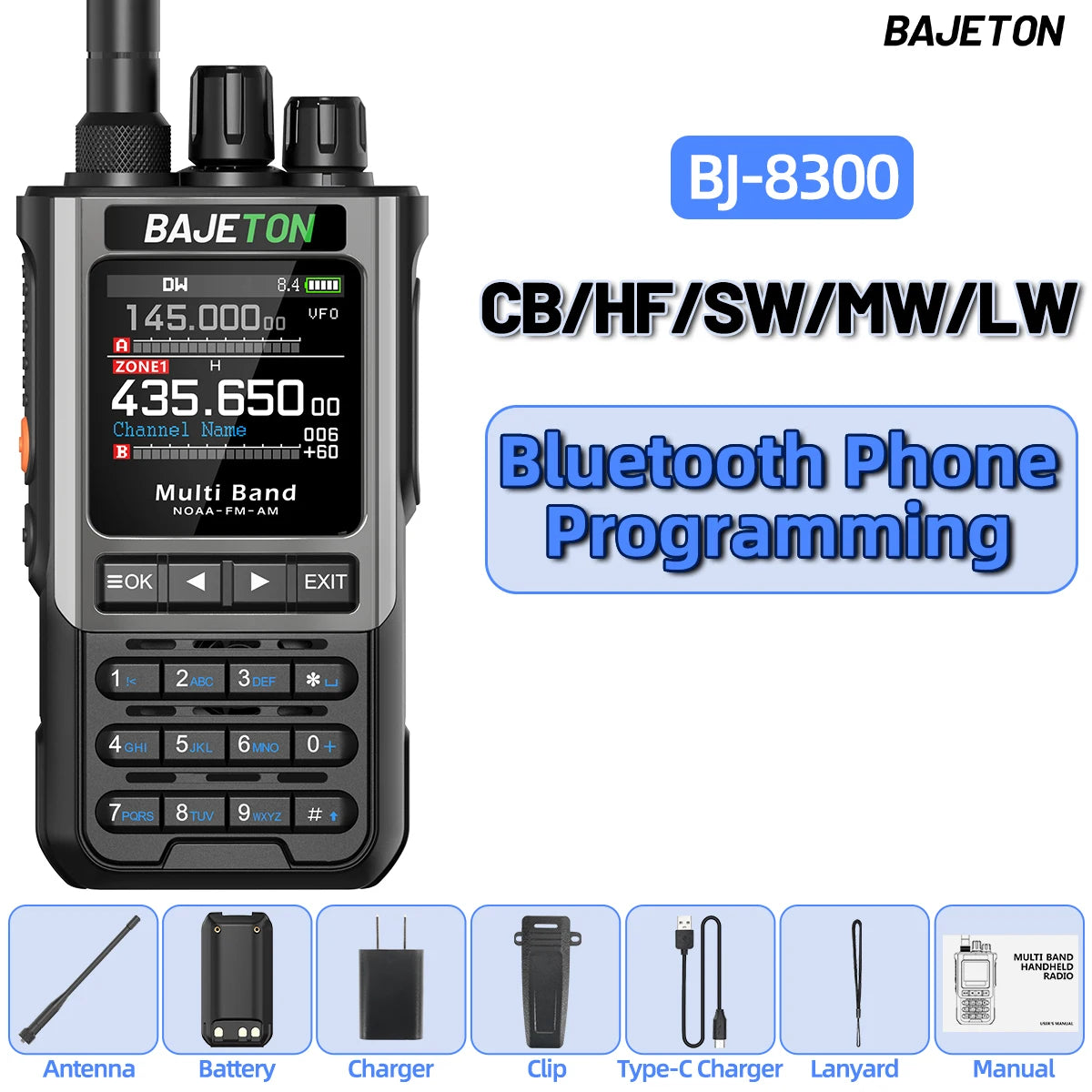 BAJETON BJ-8300 Ham Radio SW AM SSB CB Amateur Wireless Bluetooth Phone Programming Walkie Talkie NOAA Handheld Two Way Radio