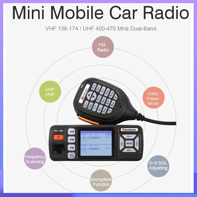 Baojie BJ-318 Mini Car Radio Station 256CH Tri-Power 25W VHF/UHF Dual Band Mobile Radio CB Transceiver Long Range Walkie Talkie