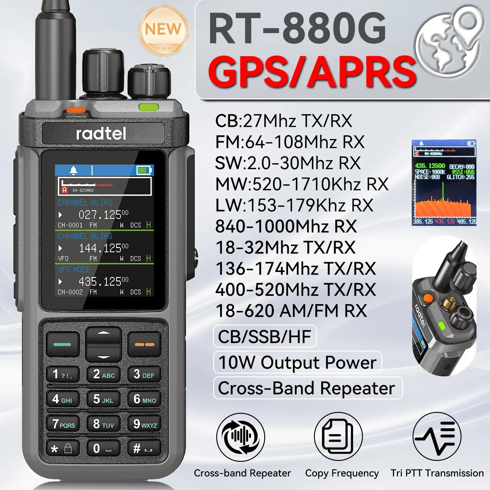 Radtel RT-880G CB Radio 10w all  band ham radio with APRS and GPS functions. It covers HF, UHF, and VHF bands and UHF band