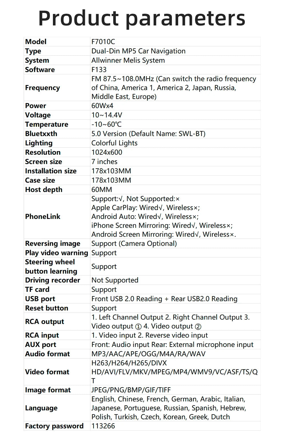 BQCC 7'' Car Radio 2din HD Touchscreen MP5 Player Bluetooth 12V FM ISO Power Auxiliary Input Mirror Link Multimedia Player