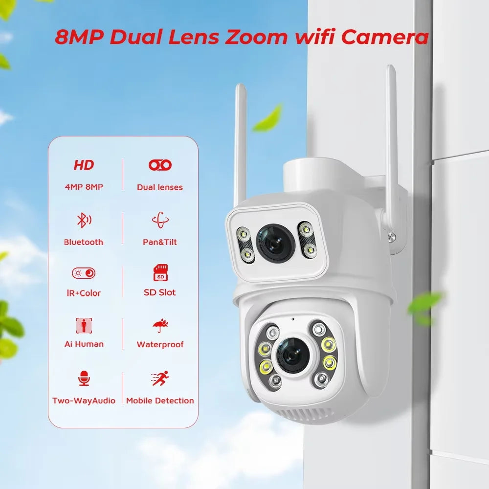 WIFI IP Wireless Security Camera 4K 8MP PTZ Dual Lens Dual Screen Outdoor HD AI Human Detection Auto Tracking CCTV Surveillance