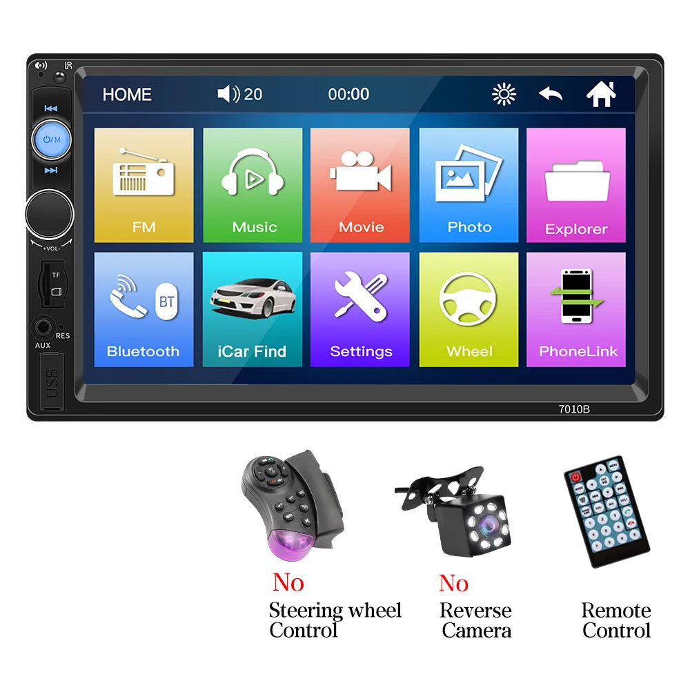 BQCC 7'' Car Radio 2din HD Touchscreen MP5 Player Bluetooth 12V FM ISO Power Auxiliary Input Mirror Link Multimedia Player