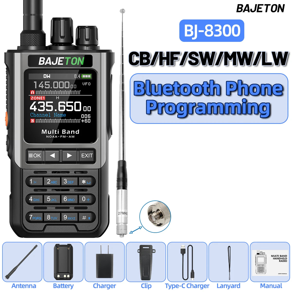 BAJETON BJ-8300 Ham Radio SW AM SSB CB Amateur Wireless Bluetooth Phone Programming Walkie Talkie NOAA Handheld Two Way Radio