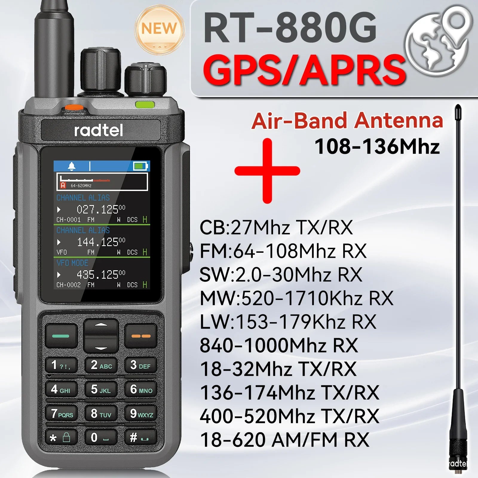 Radtel RT-880G CB Radio 10w all  band ham radio with APRS and GPS functions. It covers HF, UHF, and VHF bands and UHF band