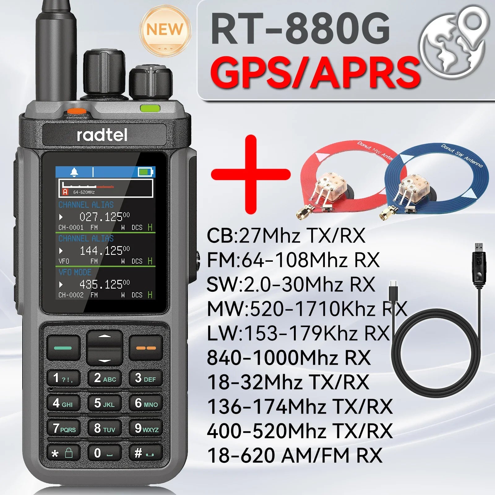 Radtel RT-880G CB Radio 10w all  band ham radio with APRS and GPS functions. It covers HF, UHF, and VHF bands and UHF band
