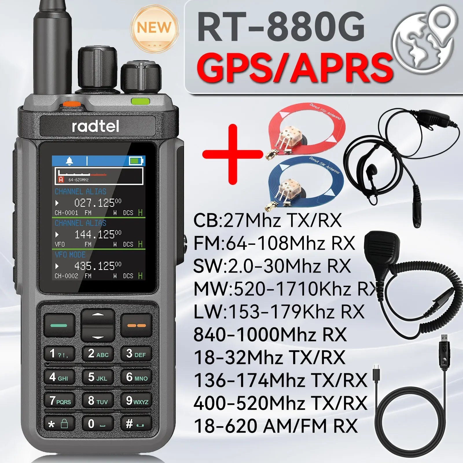 Radtel RT-880G CB Radio 10w all  band ham radio with APRS and GPS functions. It covers HF, UHF, and VHF bands and UHF band