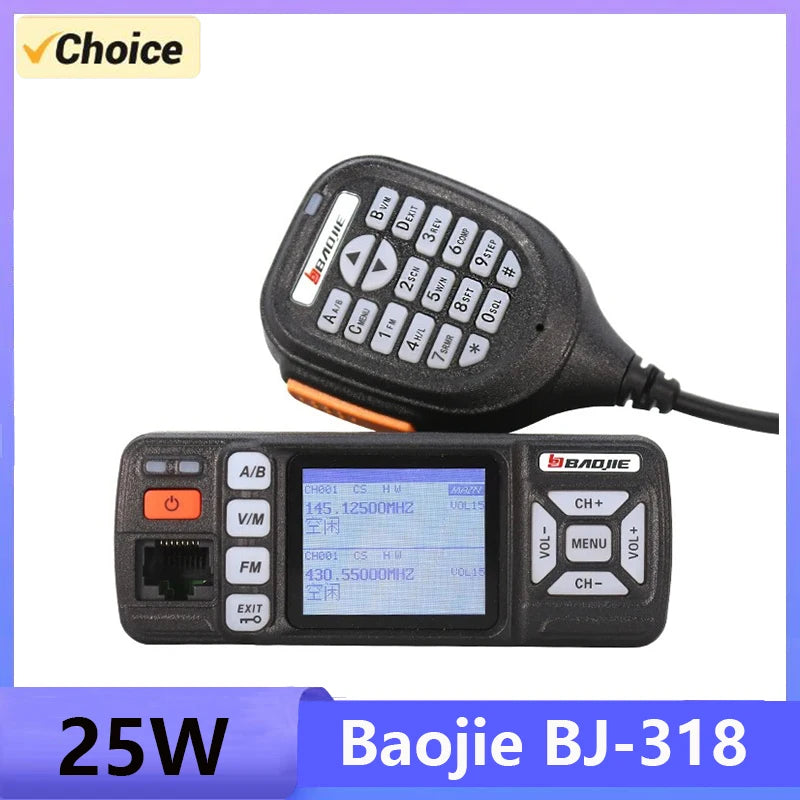 Baojie BJ-318 Mini Car Radio Station 256CH Tri-Power 25W VHF/UHF Dual Band Mobile Radio CB Transceiver Long Range Walkie Talkie