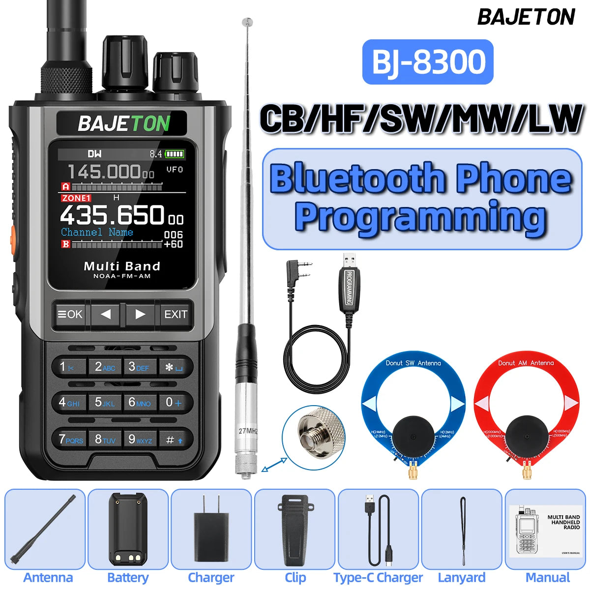 BAJETON BJ-8300 Ham Radio SW AM SSB CB Amateur Wireless Bluetooth Phone Programming Walkie Talkie NOAA Handheld Two Way Radio