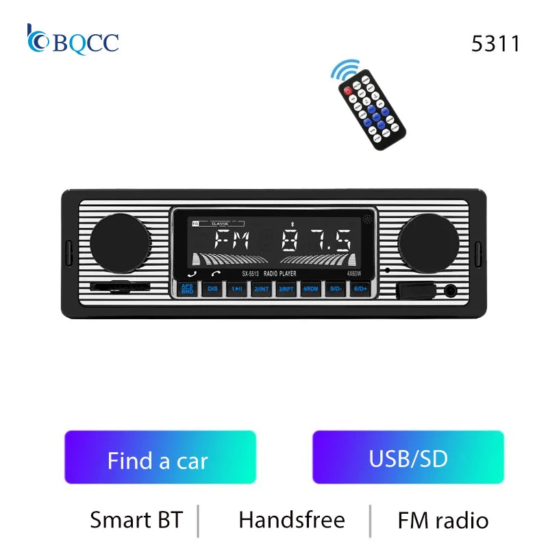 BQCC 1 Din Car BT MP3 Radio Handsfree Find a Car FM SD Power Protection Voice Broadcast Autostereo AUX USB Multimedia car player