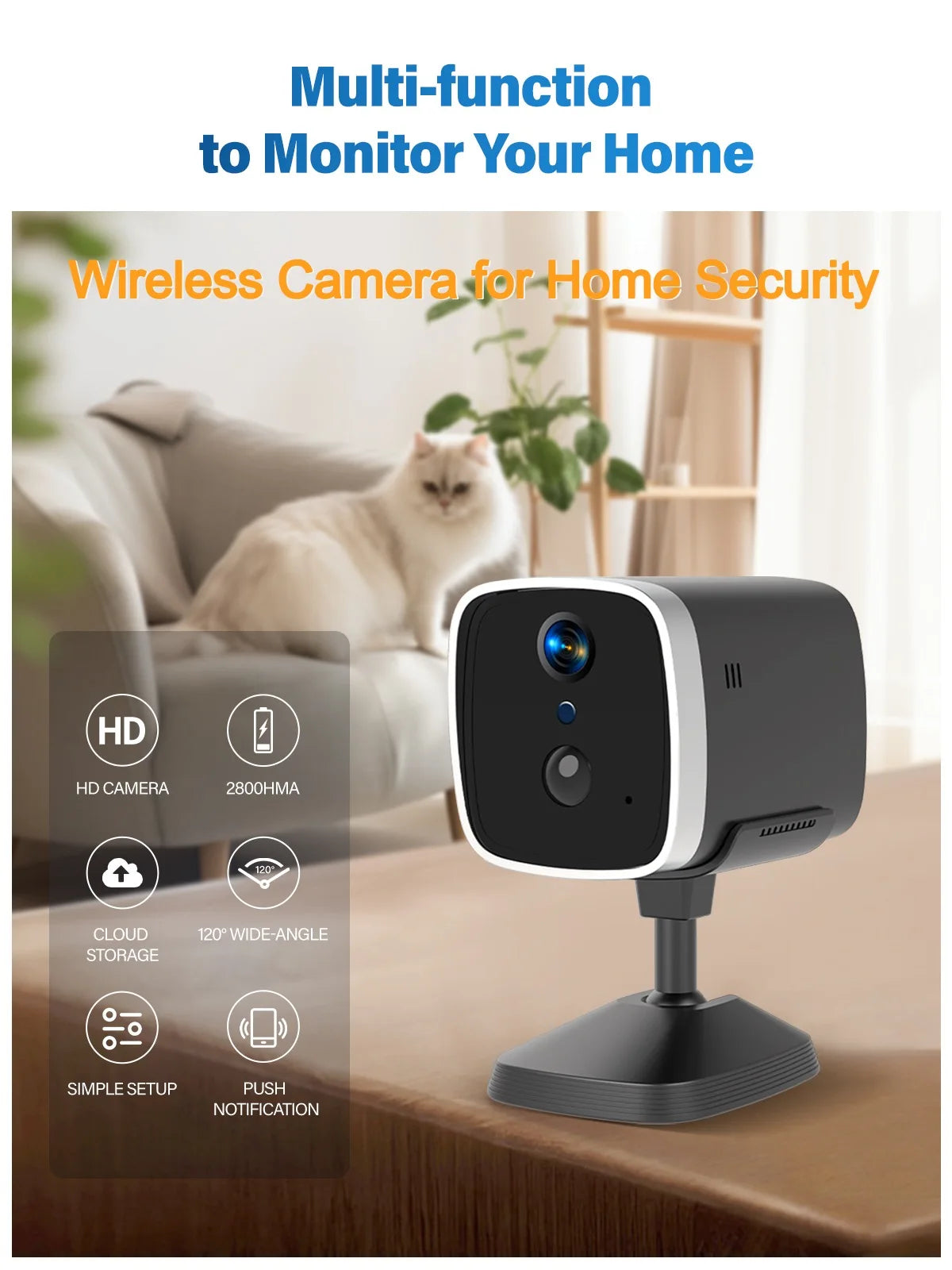 WiFi Security Camera 120° Wide Angle HD Night Vision APP remote operation for car camping house garage home monitoring system