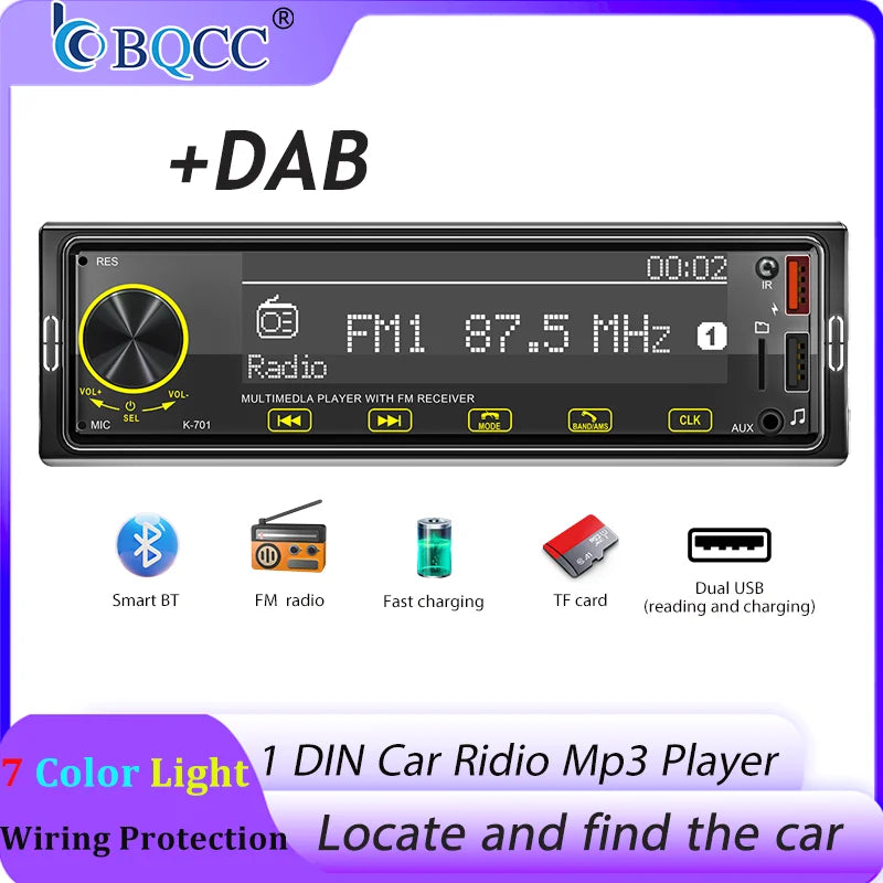 BQCC 1 Din MP3 Car Player DAB Digital Radio Bass-Heavy Audio Location And Car Search 2.5D Screen Full Touch Button Car Audio