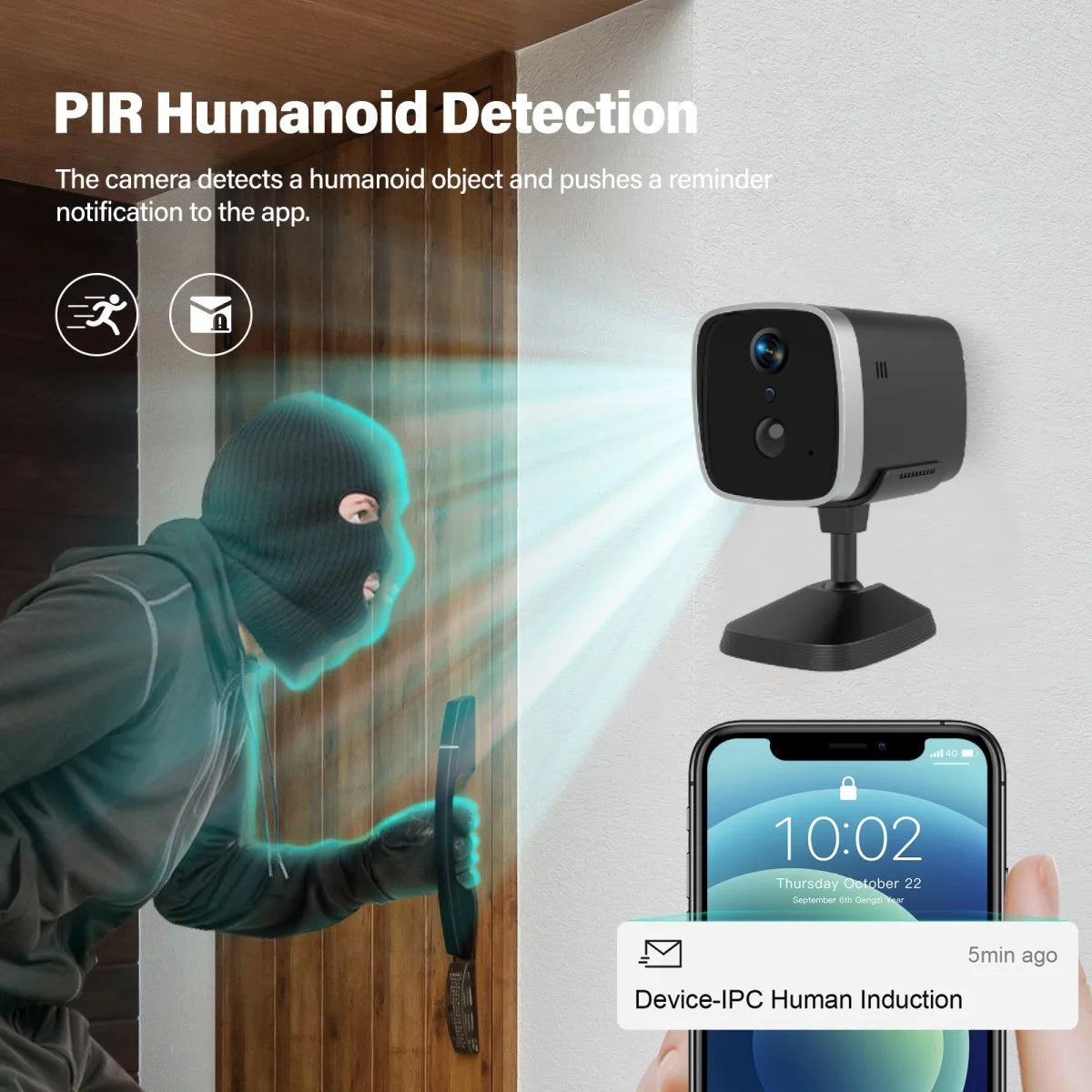 WiFi Security Camera 120° Wide Angle HD Night Vision APP remote operation for car camping house garage home monitoring system