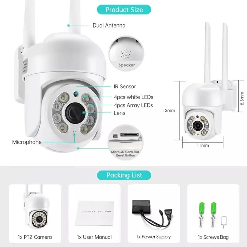 WiFi Security Camera IP Wireless Security Surveillance IP66 PTZ Camera 8X Zoom Cameras Tracking Two-way Audio HD Night Color Cam