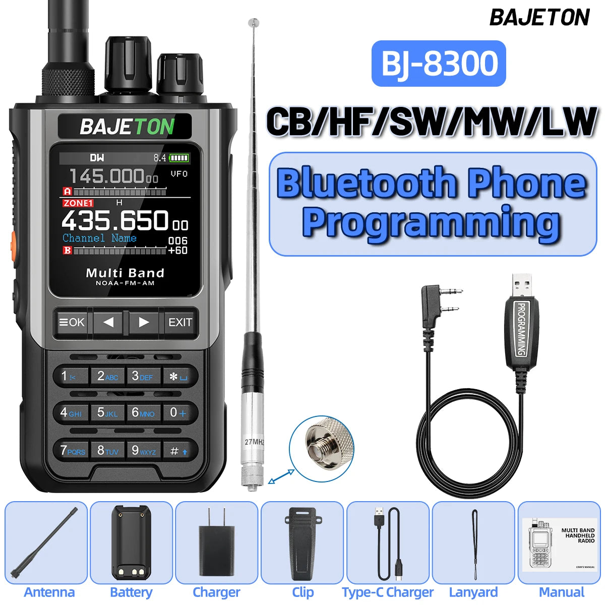 BAJETON BJ-8300 Ham Radio SW AM SSB CB Amateur Wireless Bluetooth Phone Programming Walkie Talkie NOAA Handheld Two Way Radio