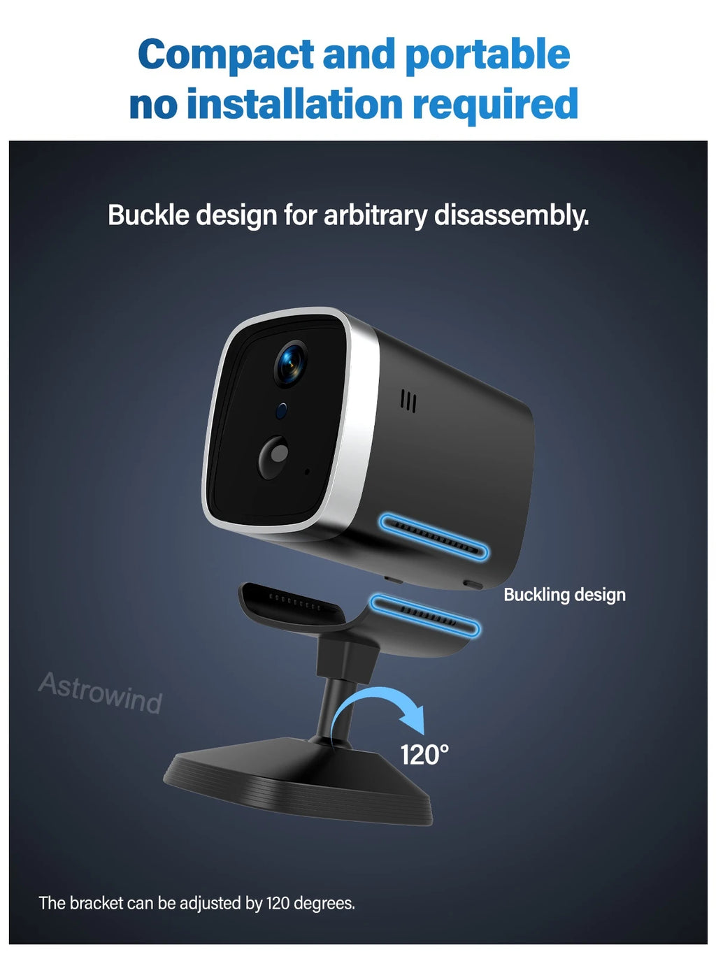 WiFi Security Camera 120° Wide Angle HD Night Vision APP remote operation for car camping house garage home monitoring system