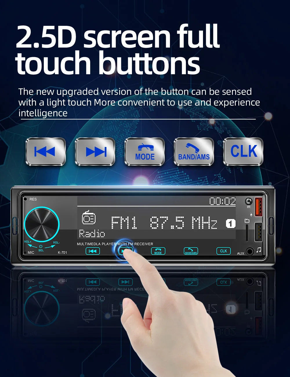 BQCC 1 Din MP3 Car Player DAB Digital Radio Bass-Heavy Audio Location And Car Search 2.5D Screen Full Touch Button Car Audio