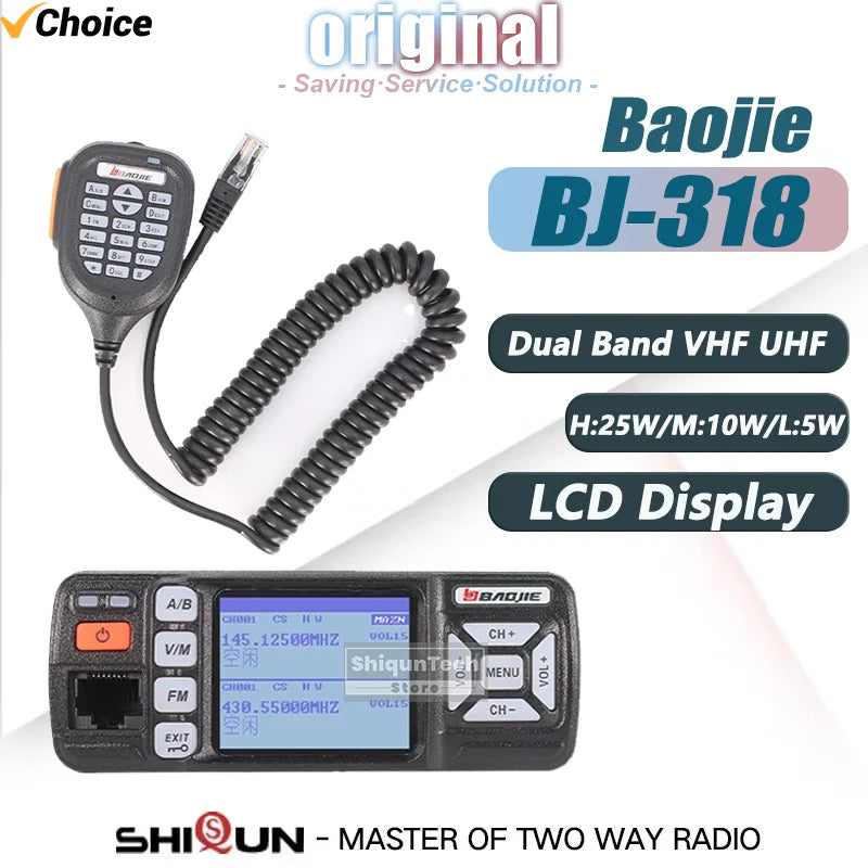 Baojie BJ-318 Mini Car Radio Station Mobile Radio 20/25W VHF/UHF Dual Band 256CH Tri-Power CB Transceiver Long Range Car Radios