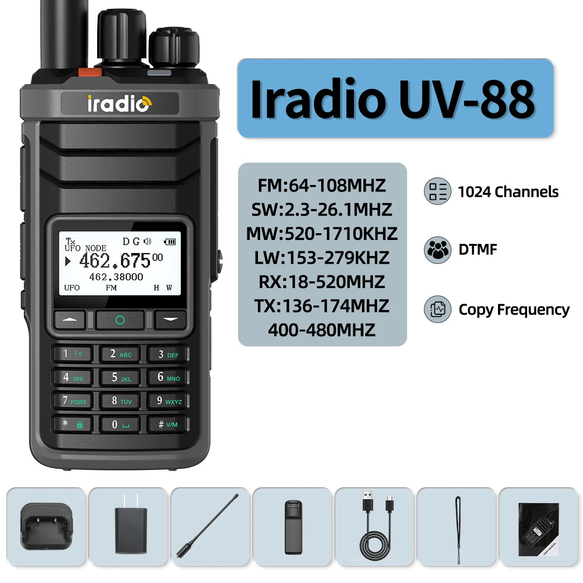 Iradio UV-88 Ham Radio with Short Wave HF SSB CB RX Dual Band Walkie Talkie AM USB LSB CW 1024 Channels Type-C Battery Radio