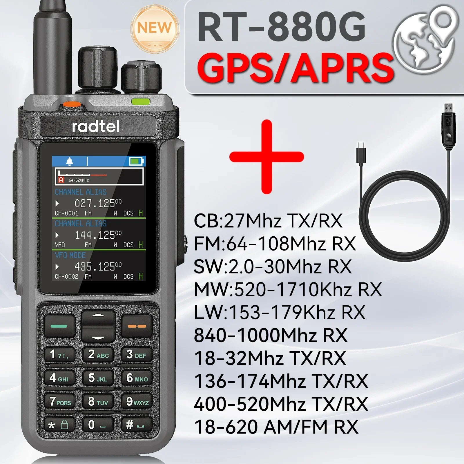 Radtel RT-880G CB Radio 10w all  band ham radio with APRS and GPS functions. It covers HF, UHF, and VHF bands and UHF band