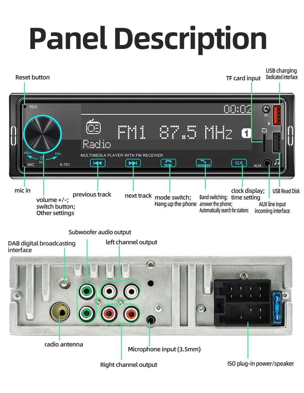 BQCC 1 Din MP3 Car Player DAB Digital Radio Bass-Heavy Audio Location And Car Search 2.5D Screen Full Touch Button Car Audio