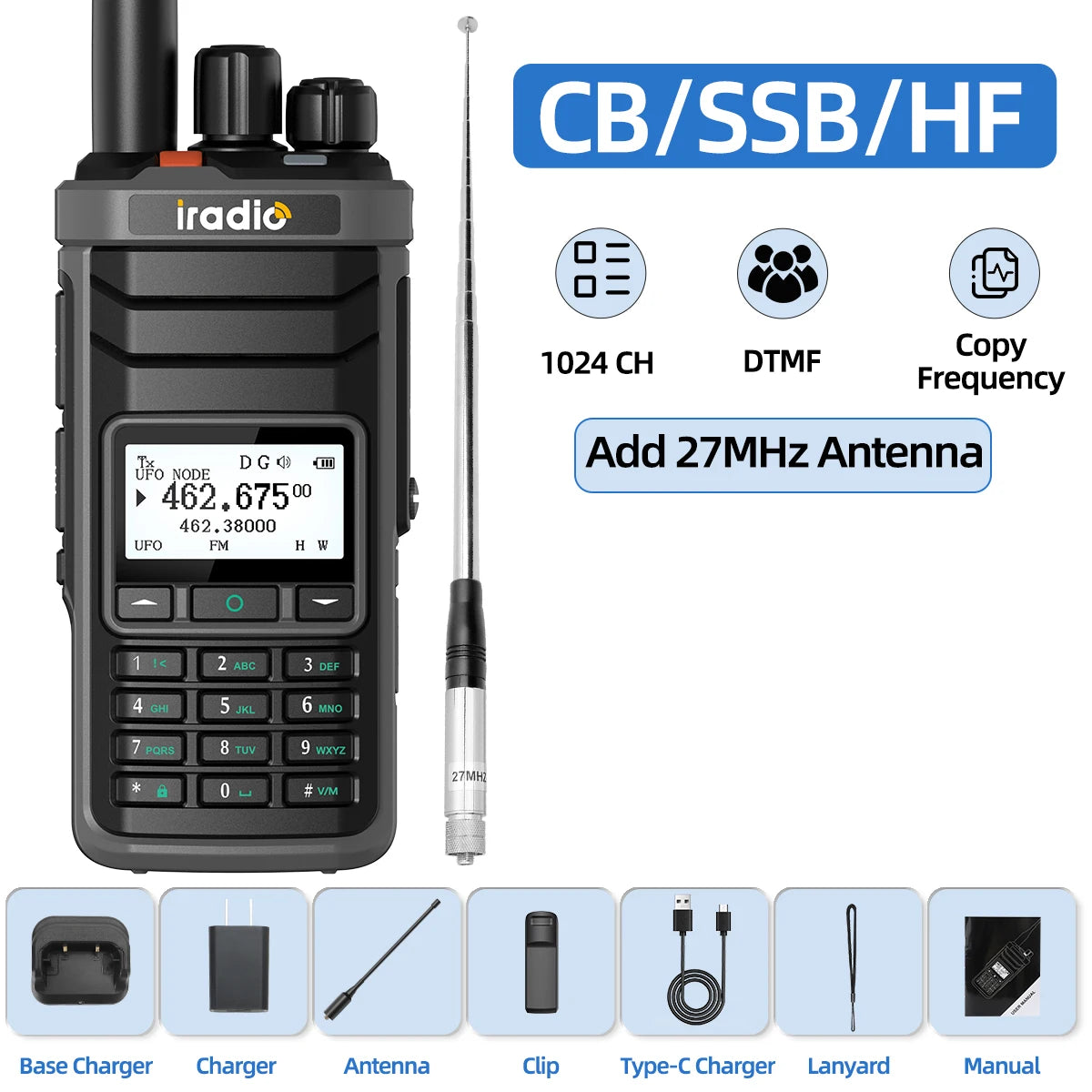 Iradio UV-88 Ham Radio with Short Wave HF SSB CB RX Dual Band Walkie Talkie AM USB LSB CW 1024 Channels Type-C Battery Radio