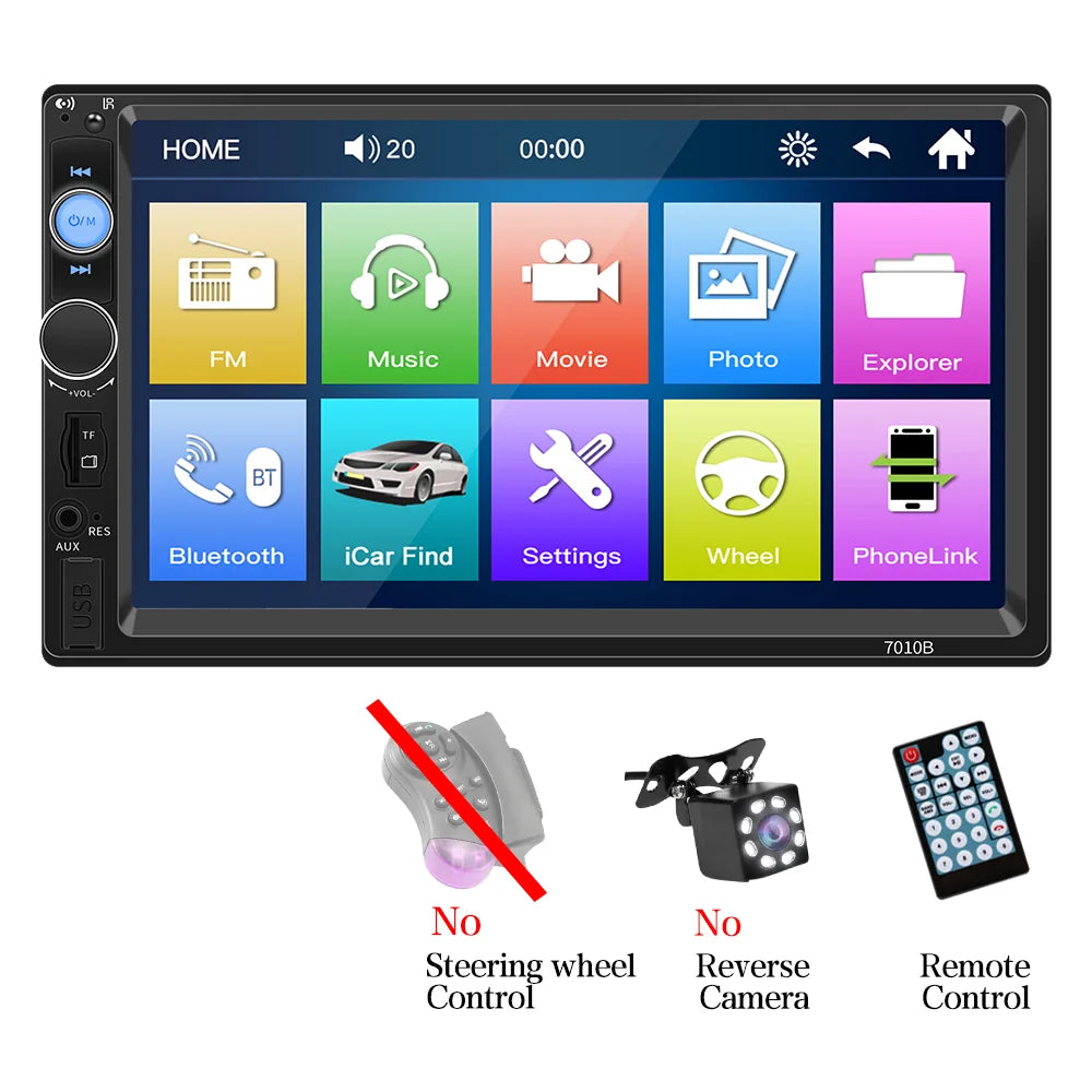 BQCC 7'' Car Radio 2din HD Touchscreen MP5 Player Bluetooth 12V FM ISO Power Auxiliary Input Mirror Link Multimedia Player